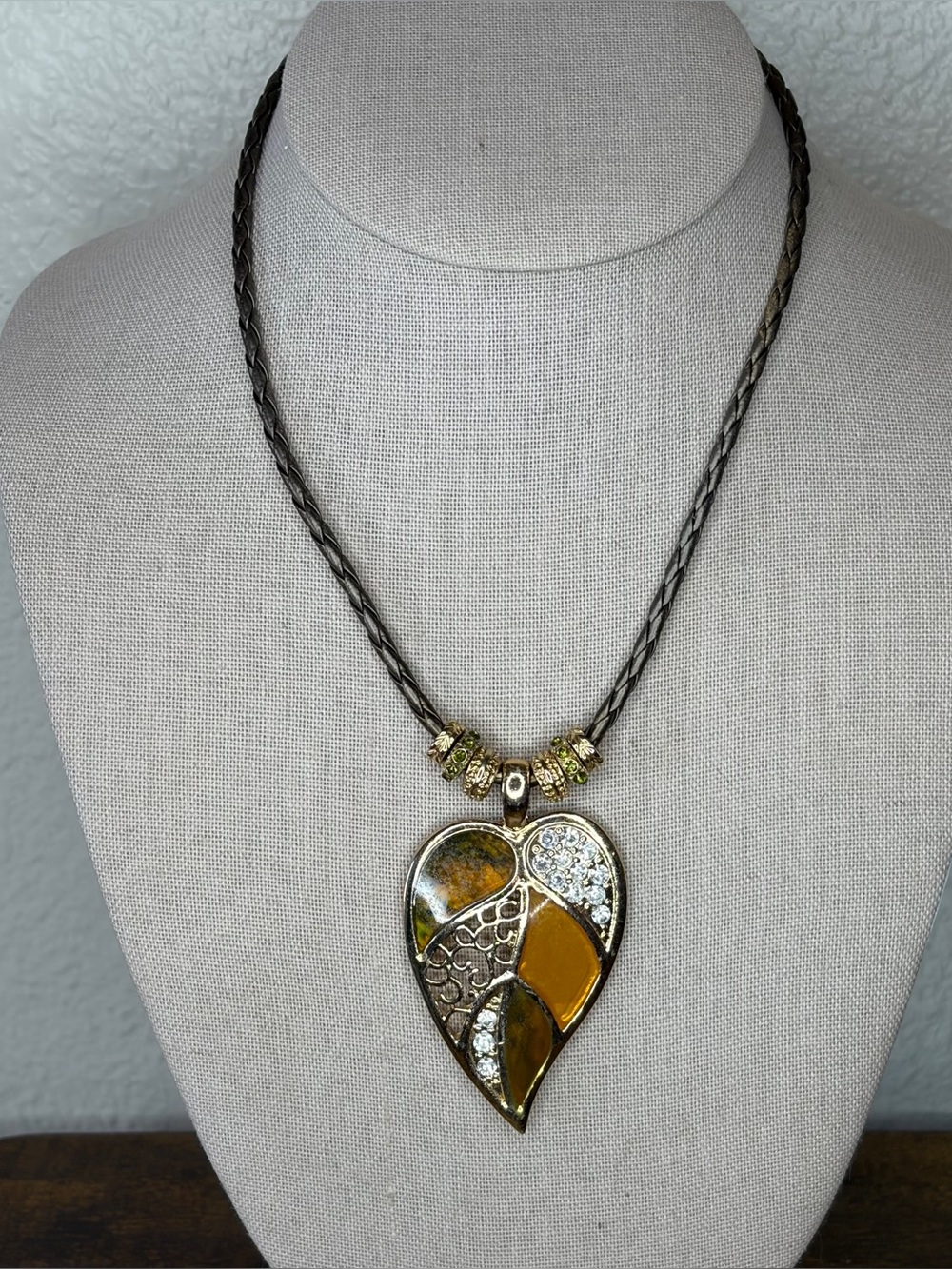 Fall Leaf Pendant Necklace on Braided Faux Leather Cord with Rhinestones